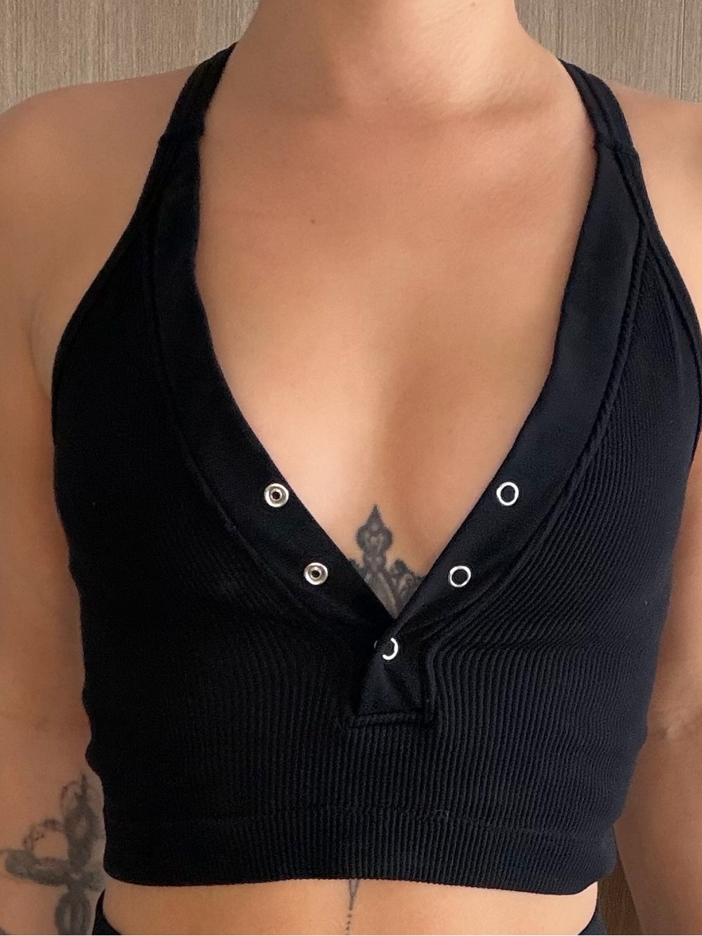 Black Ribbed Halter Crop Top with Snap-Accent Plunge